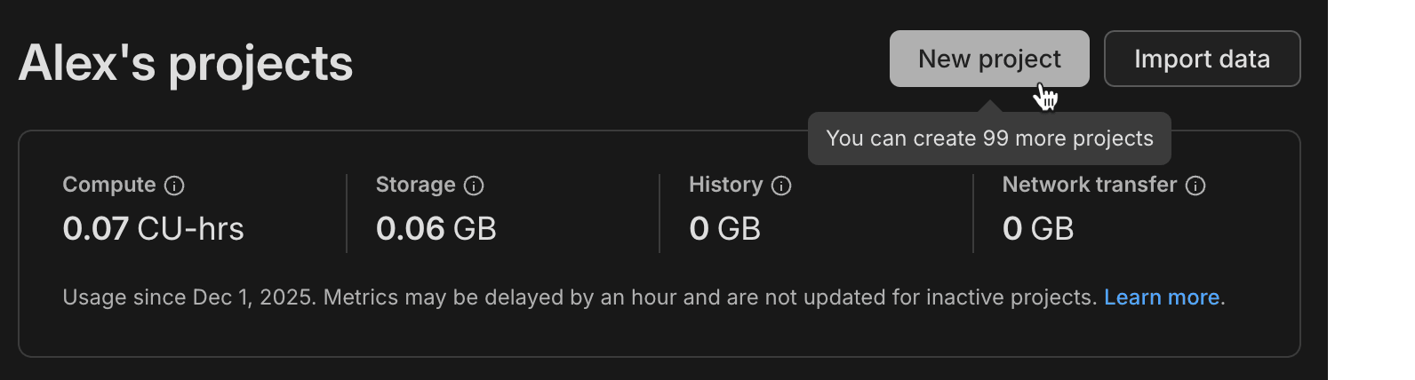 Dashboard page showing 100 Free Plan projects