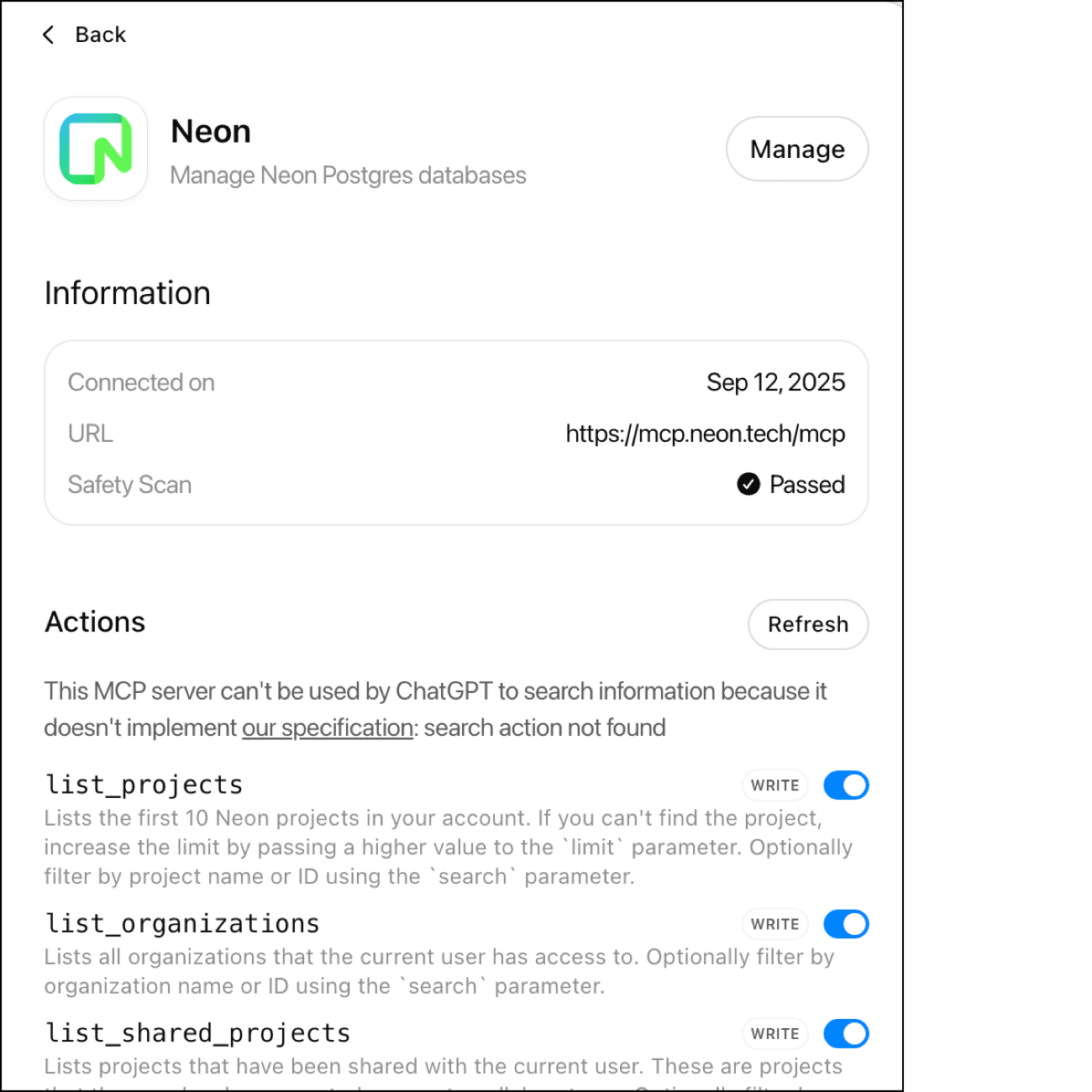 ChatGPT with Neon MCP tools enabled