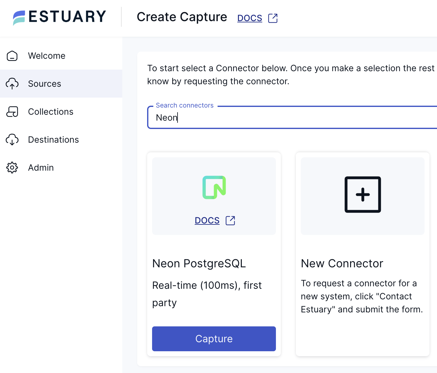 Creating a Neon capture connector in Estuary Flow