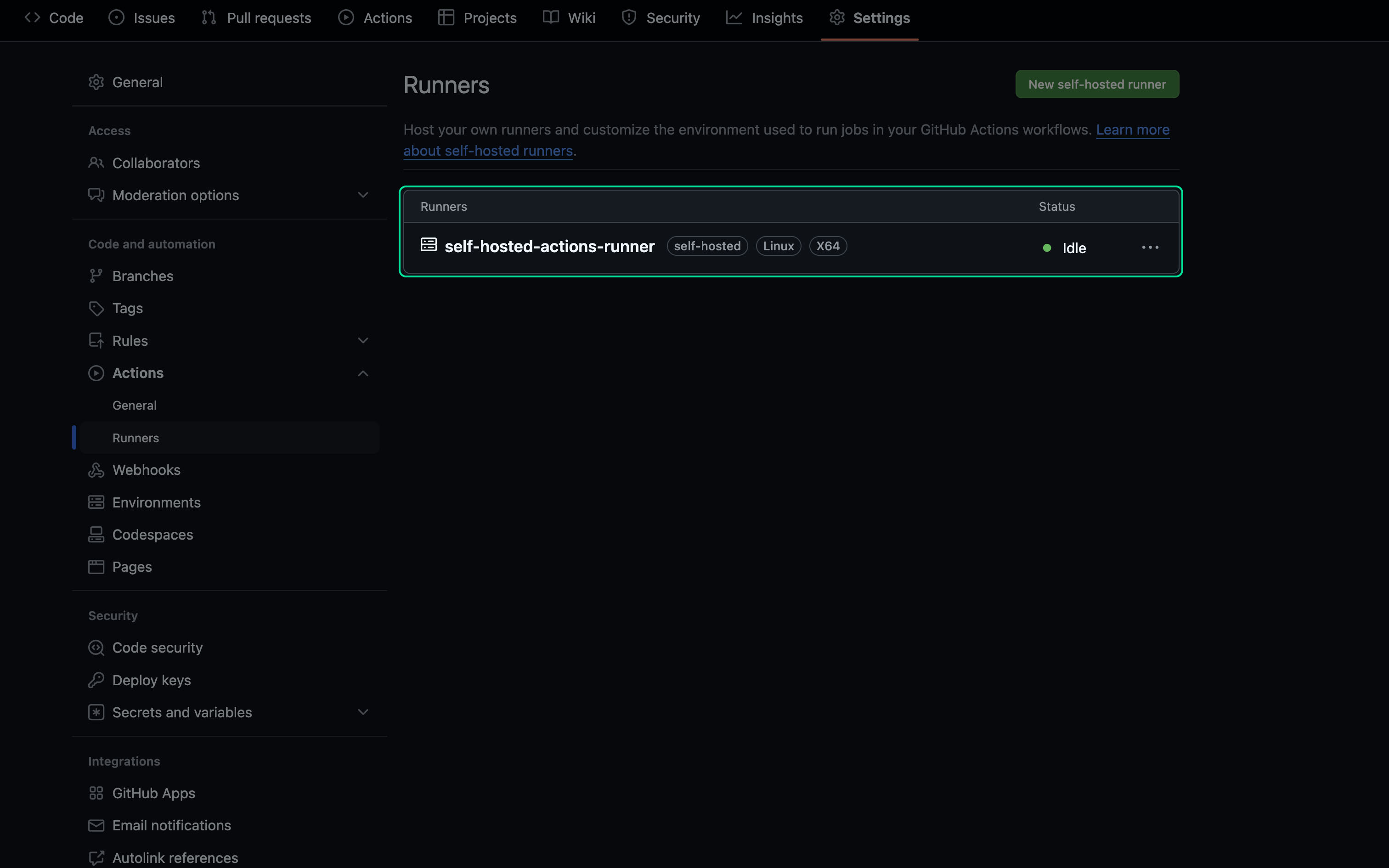 Screenshot of GitHub - Runner Idle
